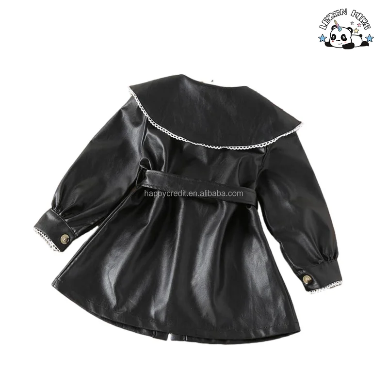 LEZONKIDS - Saia de couro PU média longa de outono e inverno para meninas, Vestido de couro preto com lapela para crianças